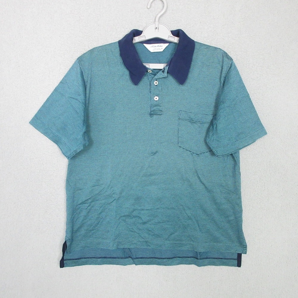 Brooks Brothers Mens Polo Shirt Medium Teal Navy Houndstooth Cotton Short Sleeve